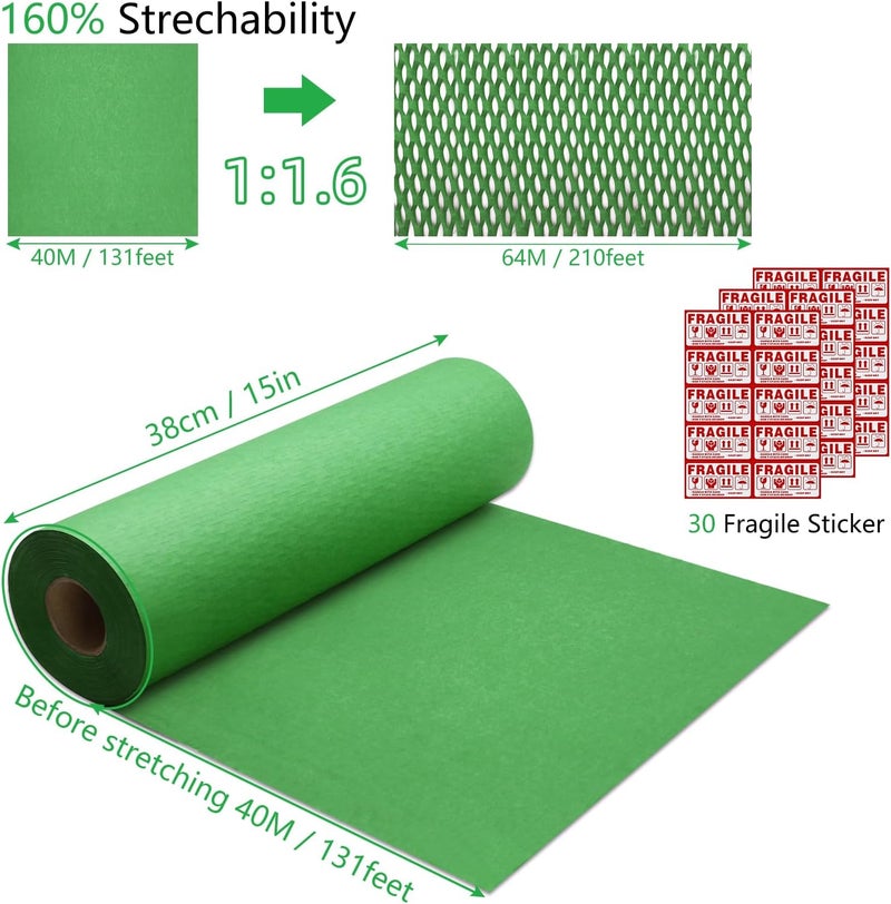 Pine nuts Honeycomb Packing Paper 15" x 131' Eco Friendly Packing Paper for Moving Recyclable Honeycomb Paper Bubble Paper Wrapping with 30 Fragile Sticker Labels and 66fthemp rope (Christmas green) - Image 2